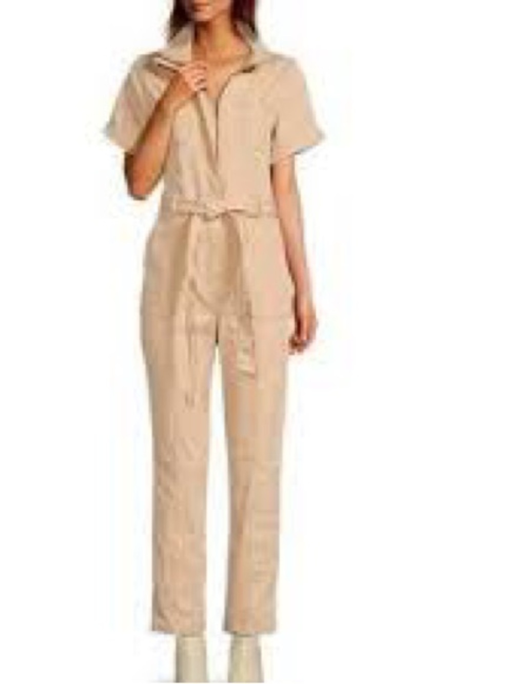 Skies Are Blue Short-Sleeve Beige Utility Jumpsuit